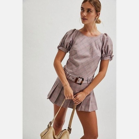 Free People Sevi Plaid Mini Dress Puff Sleeve Grey and Pink Combo Size L NWOT - Picture 4 of 10